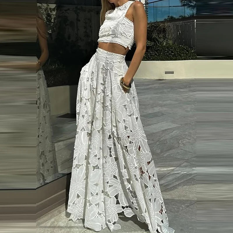 Crop Top & Maxi Skirts Set Embroidery Lace 2pcs