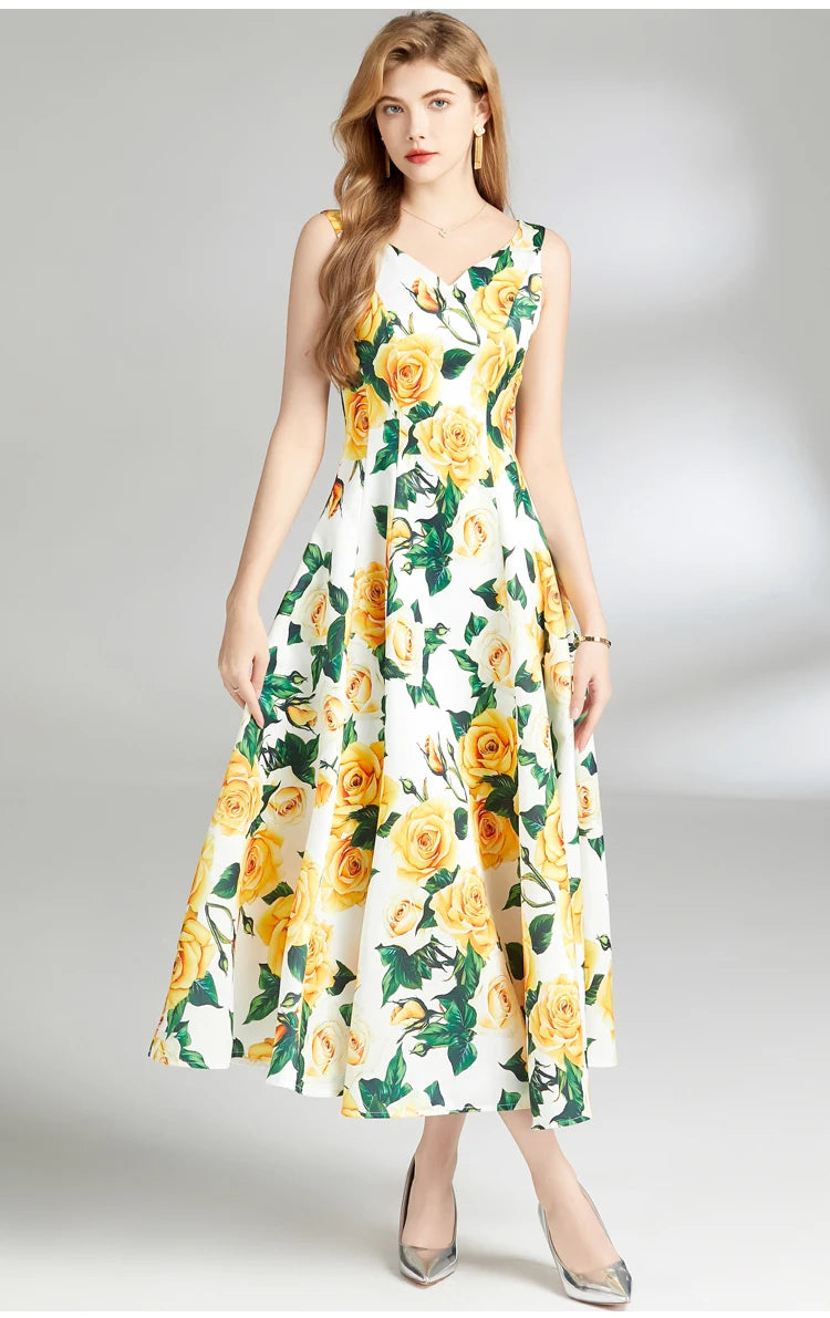 Summer Yellow Rose Spaghetti Strap Bohemian Dress