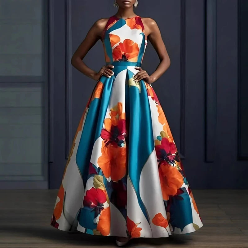 Elegant Floral Print Hem Party Dress