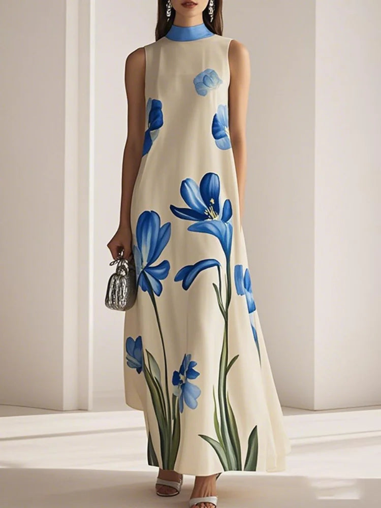 Elegant Flower Printed Stand Collar A-line Dress
