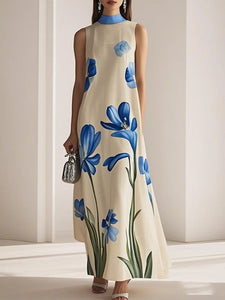 Elegant Flower Printed Stand Collar A-line Dress
