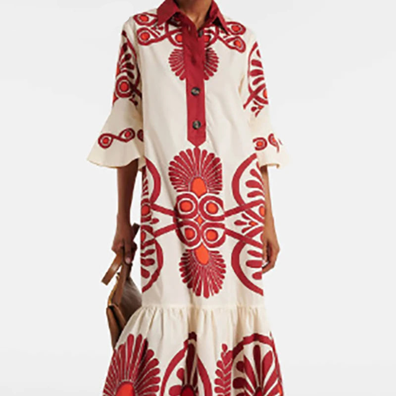 Retro Print Pleated Long Dress