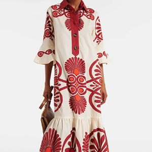 Retro Print Pleated Long Dress