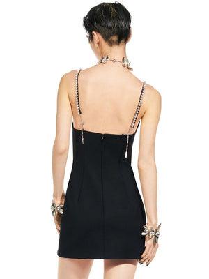 Luxury Crystal Bow Spaghetti Strap Black Bandage Dress