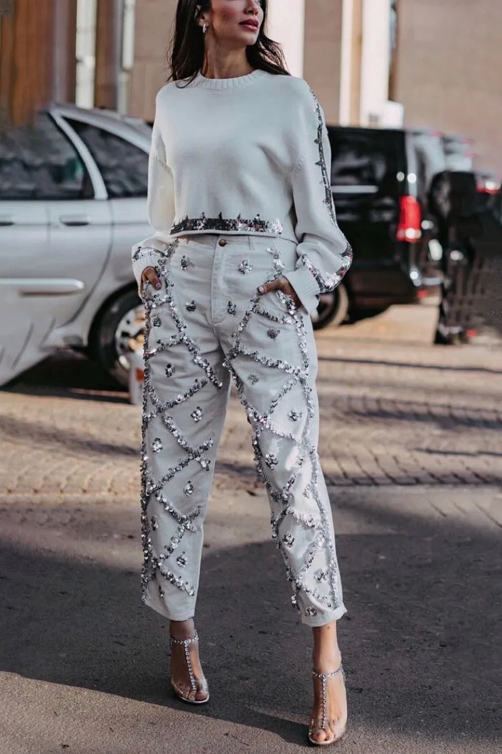 Sequin Decor Straight Leg Denim