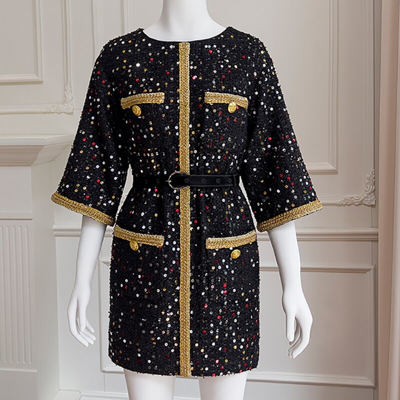 Luxury Retro Sequin Black Gold Tweed Coat