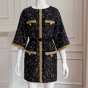 Luxury Retro Sequin Black Gold Tweed Coat