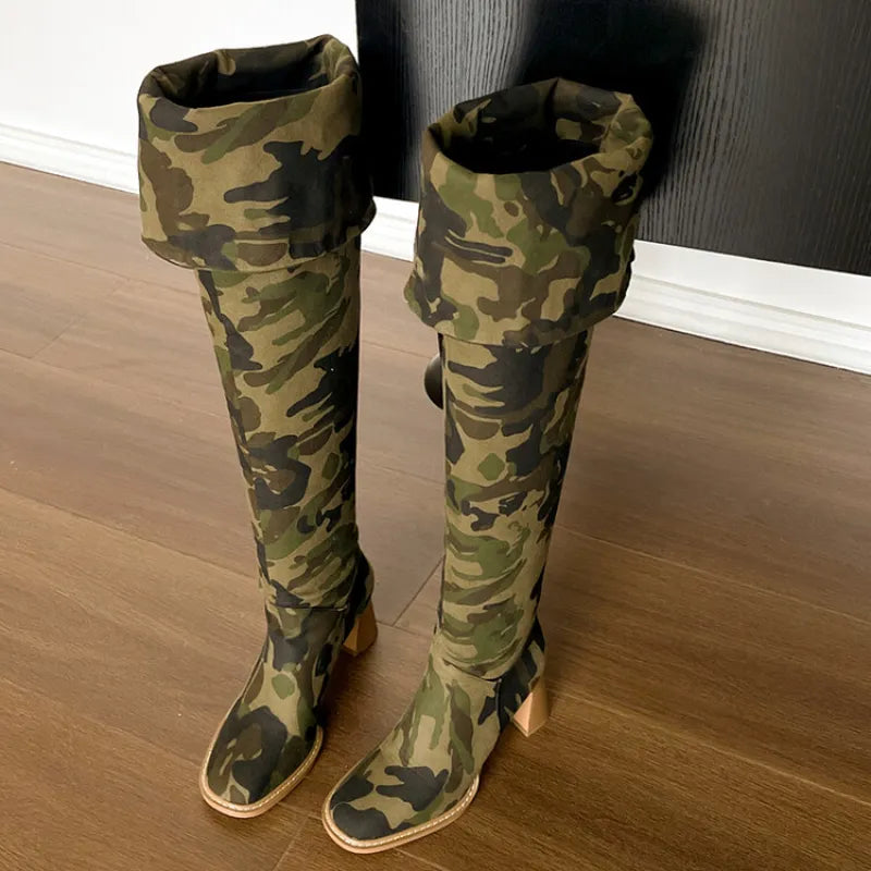 Camouflage Denim Over-the-Knee Boots