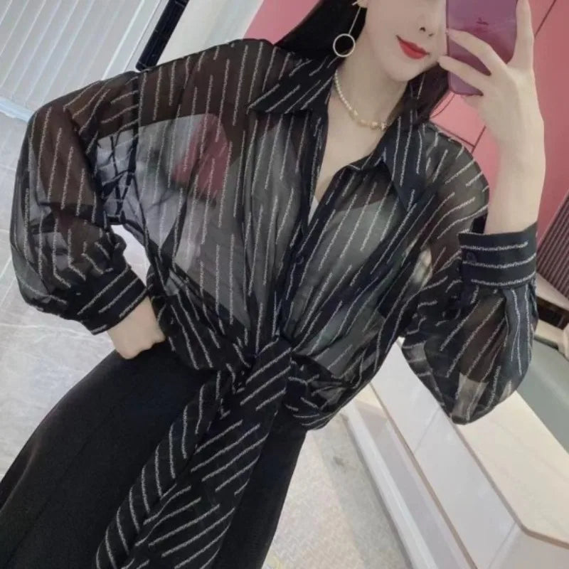 Loose Long sleeve Letter Striped Button Cardigan Shirt Tops
