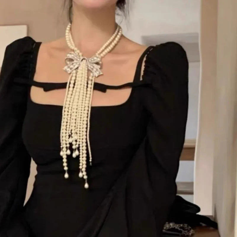 Light Luxury High-end Butterfly Bow Pearl Tassel Necklace