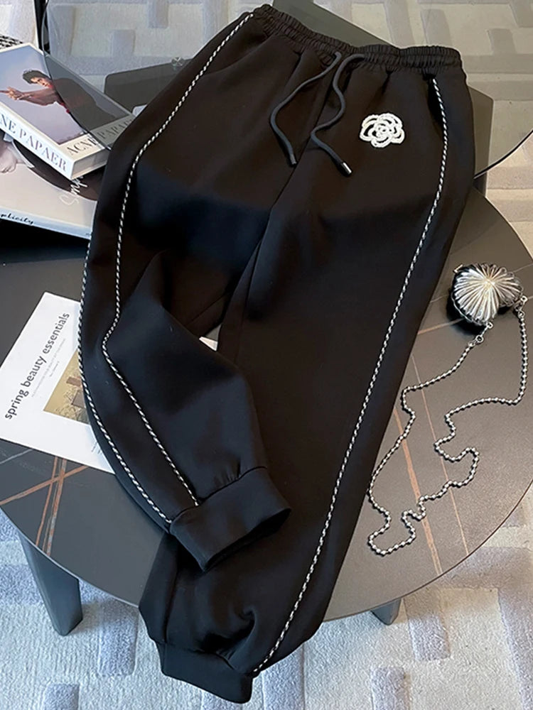 Two Piece Flower Hooded Black Hoodies+Casual Pants Suit