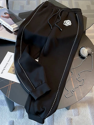 Two Piece Flower Hooded Black Hoodies+Casual Pants Suit