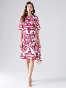 High Quality Elegant Retro Majolica Porcelain Print Runway Dress