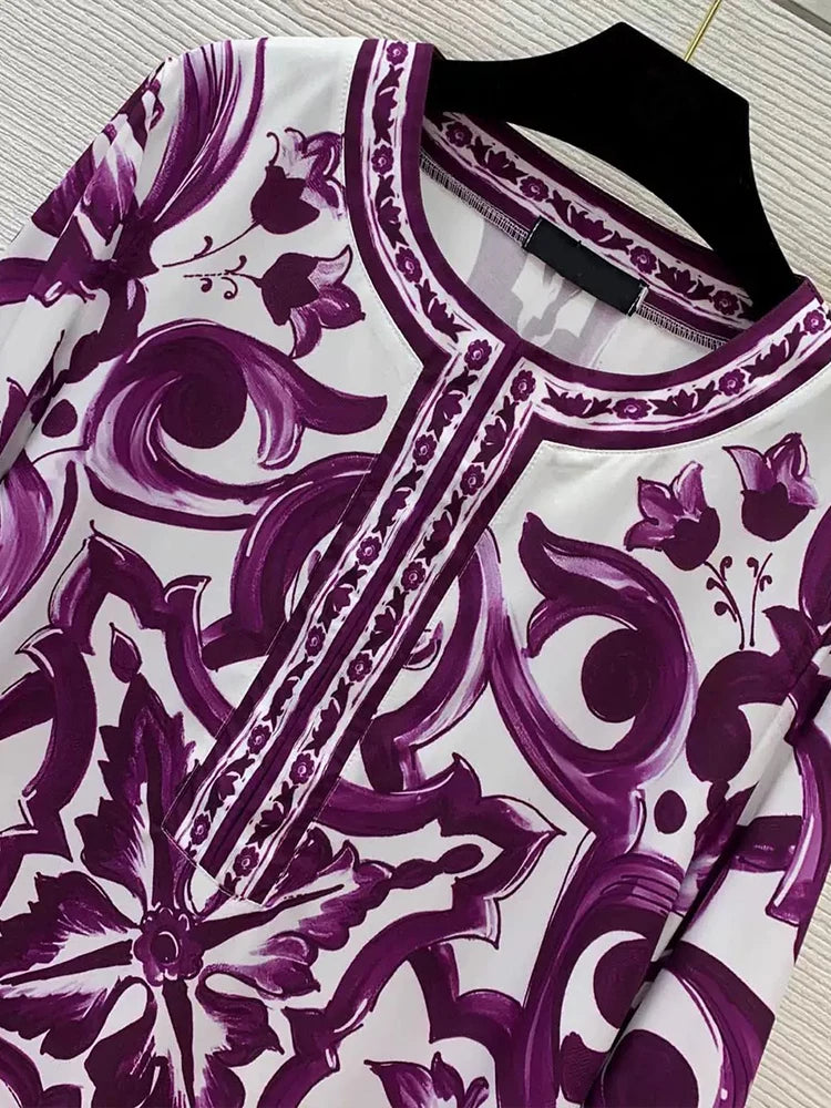 New Round Neck Long Sleeve Printed Loose Dress