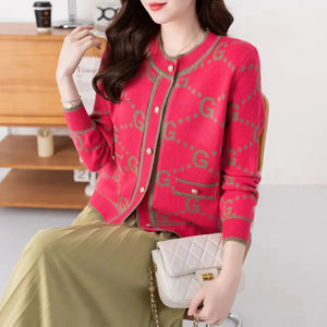 Autumn Winter Coat Luxury Pink Knitted Cardigan