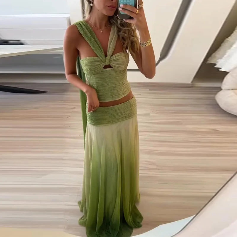 Gradient Pleated Top Skirt Set Beach Halter Suit