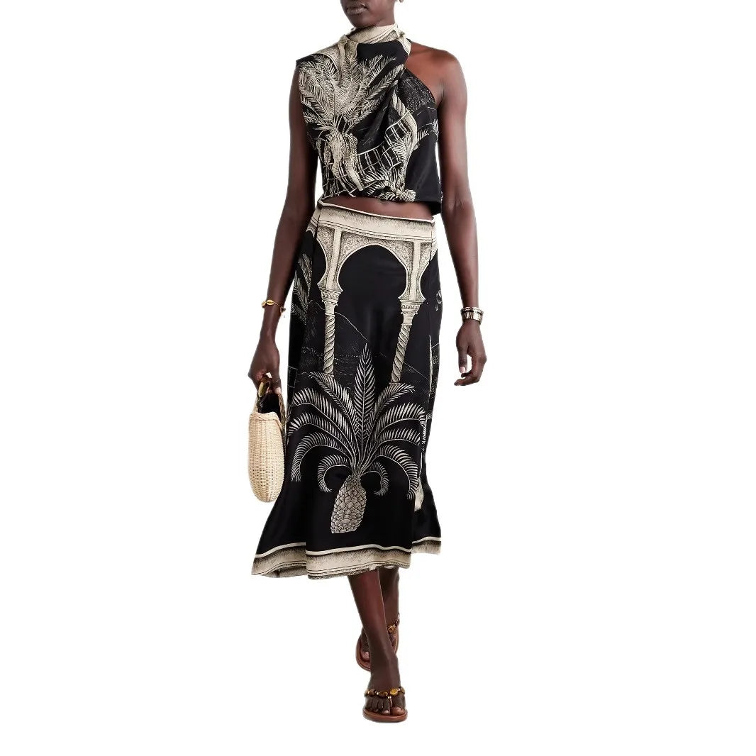 Vintage Print Satin Skirt Two Piece Set