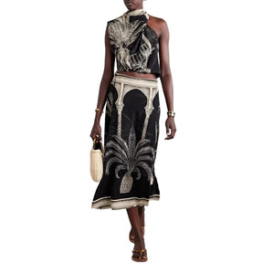 Vintage Print Satin Skirt Two Piece Set