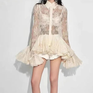 Sheer Spliced Ruffles Folds Mini Dresses