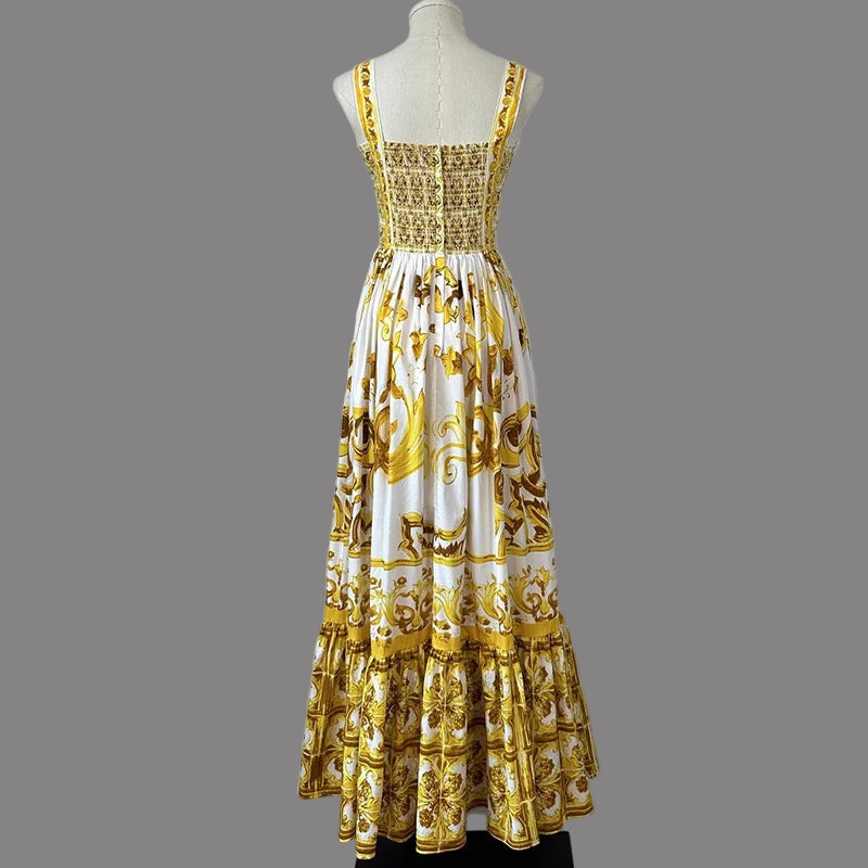 Spaghetti Strap Backless Print Temperament A-Line Pleated Dresses