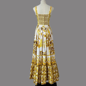 Spaghetti Strap Backless Print Temperament A-Line Pleated Dresses