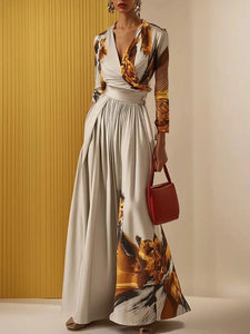 Elegant One-piece Suit Printed Deep Jumpsuit