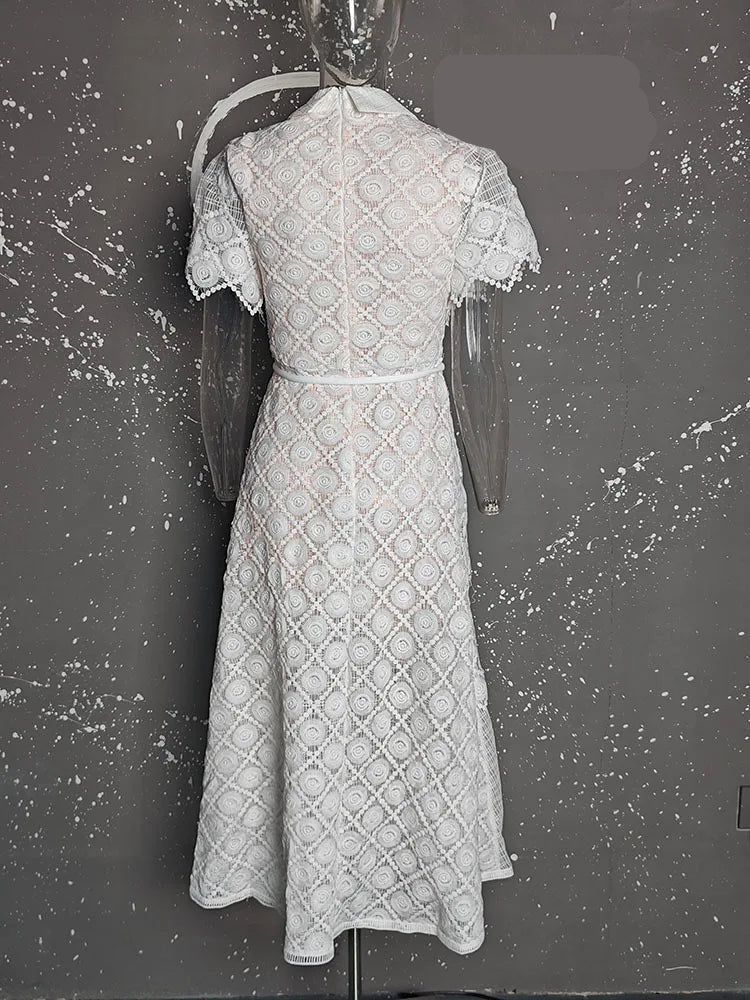 Elegant Dress Lace Gauze Spliced Solid Color Dresses