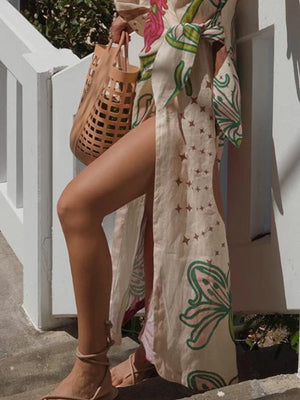 Elegant Printed Ethnic Style Cardigan Loose Long Skirt