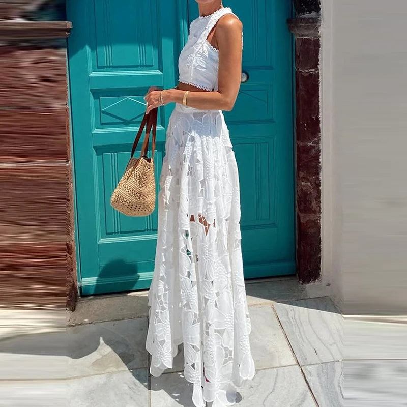Crop Top & Maxi Skirts Set Embroidery Lace 2pcs