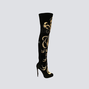 Gold Embroidery Design Over the Knee Boots