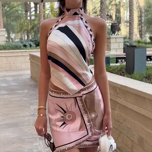 Vintage Geometric Print Irregular Skirt Outfit
