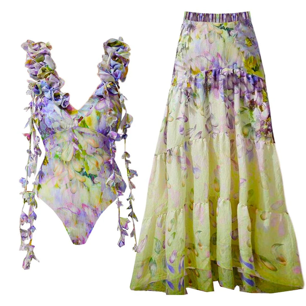 One Piece Floral Flower Swimsuit Bikini Set