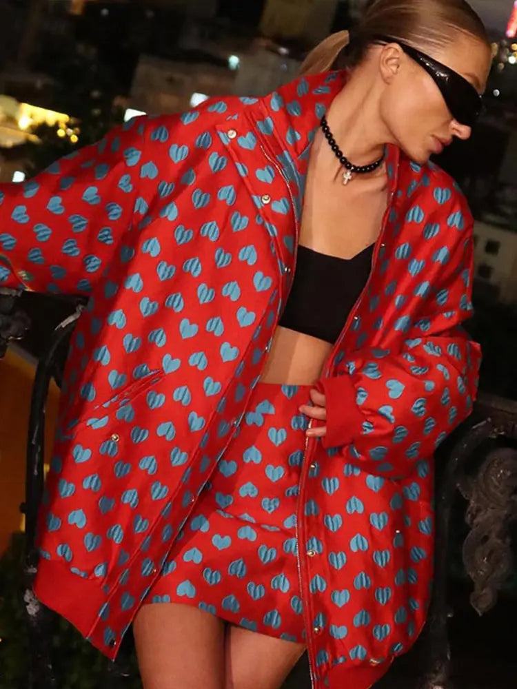 Casual Printed Sets With Skirt Loose Coat