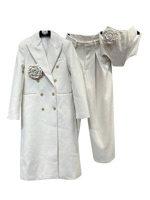White Coat, Straight Pants , Large Flower Strapless Top