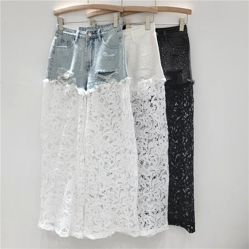 Hot Diamonds Broken Holes Patchwork Lace High Waist Straight Denim Pants
