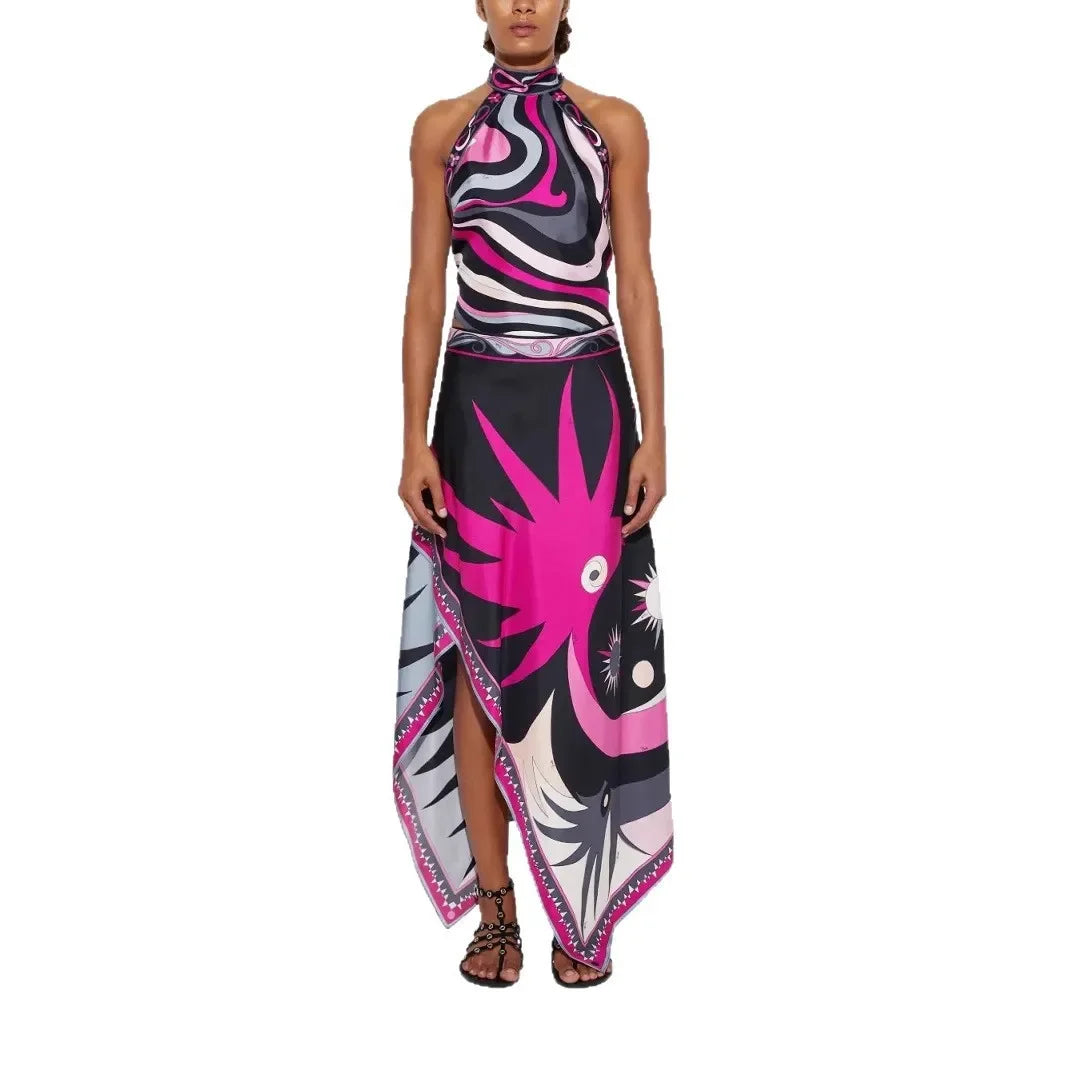 2025 Printed Satin Halter Backless Top And Asymmetrical Mini Skirt Two-Piece Set
