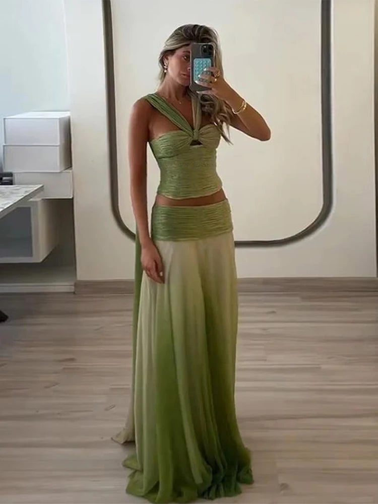 Gradient Pleated Top Skirt Set Beach Halter Suit