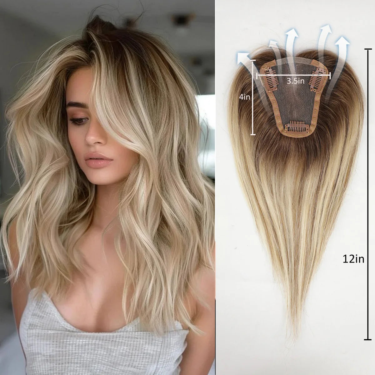 Golden Brown Ombre 100% Remy Human Hair Toppers Lace Base Clip