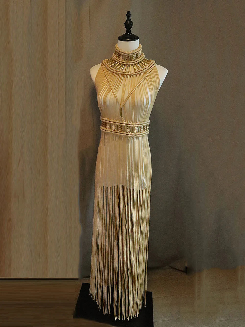 White Black Women Turtleneck Long Tassel Design Maxi Dress