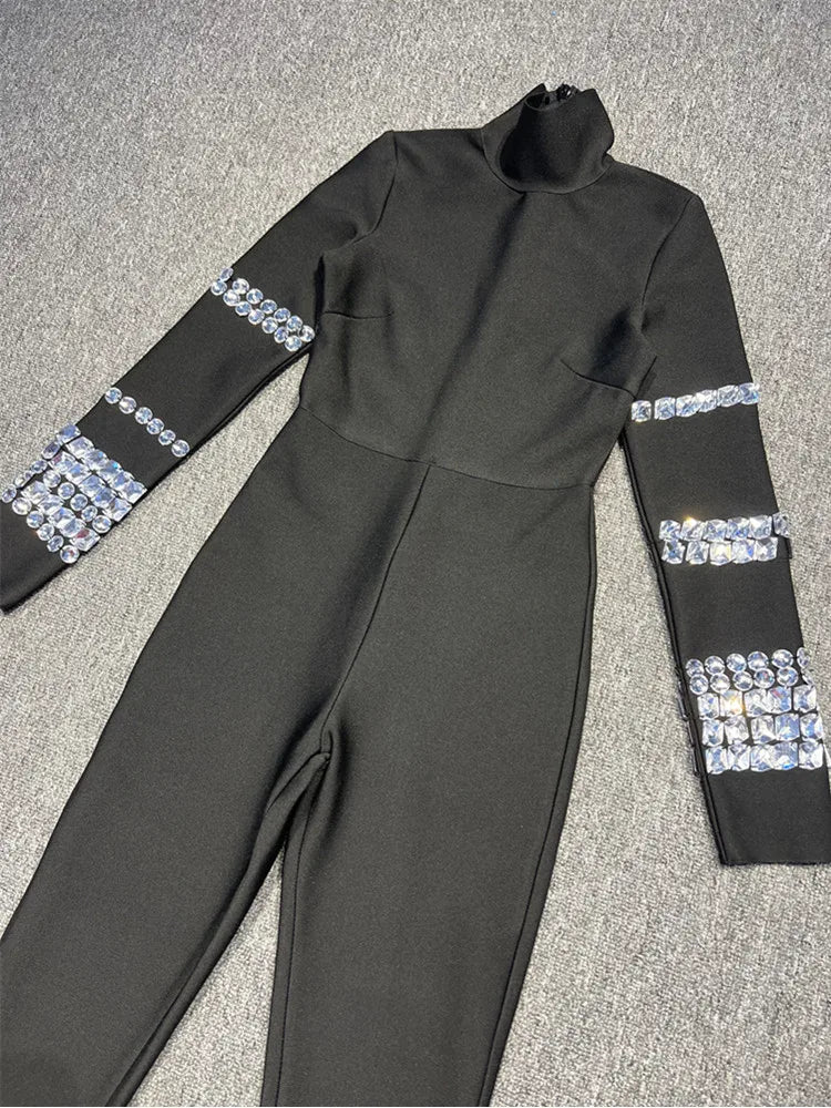 Luxury Turtleneck Beading Sparkly Black Bandage Jumpsuit