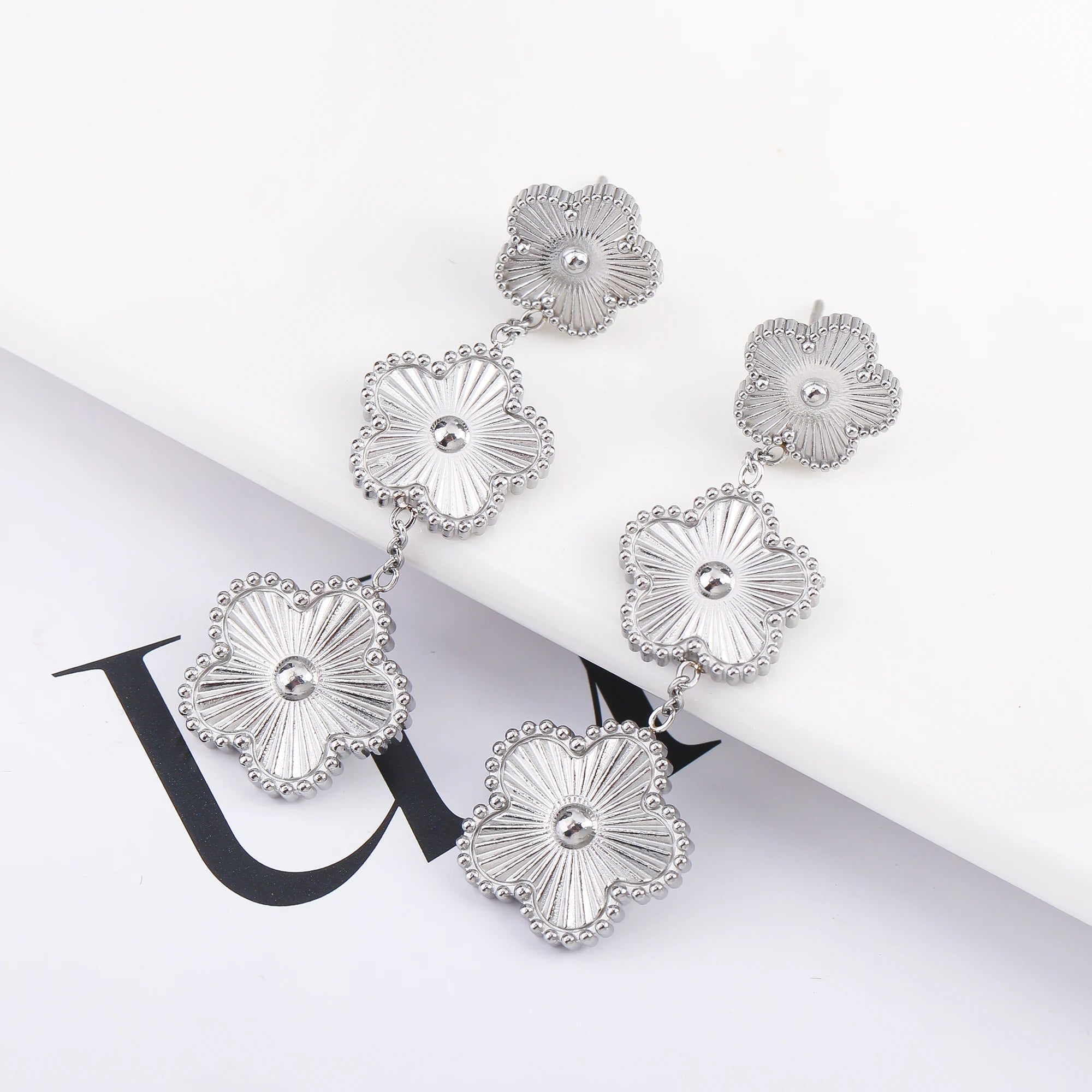Metal Stainless Steel Double-Sided Five Leaf Flower Plum Blossom Tassel Earrings