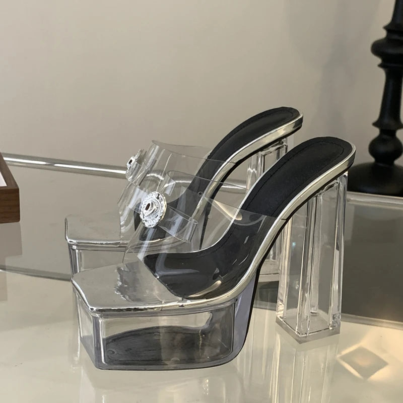 Silver CRYSTAL PVC Transparent Platform Slippers