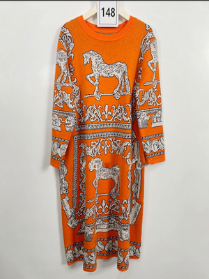 Horse Orange Luxury Design Knitted Long Dress