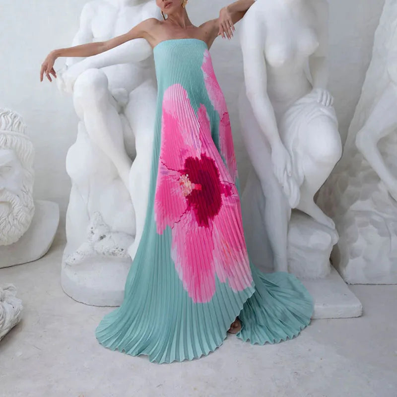 Elegant Floral Print Strapless Party Dress