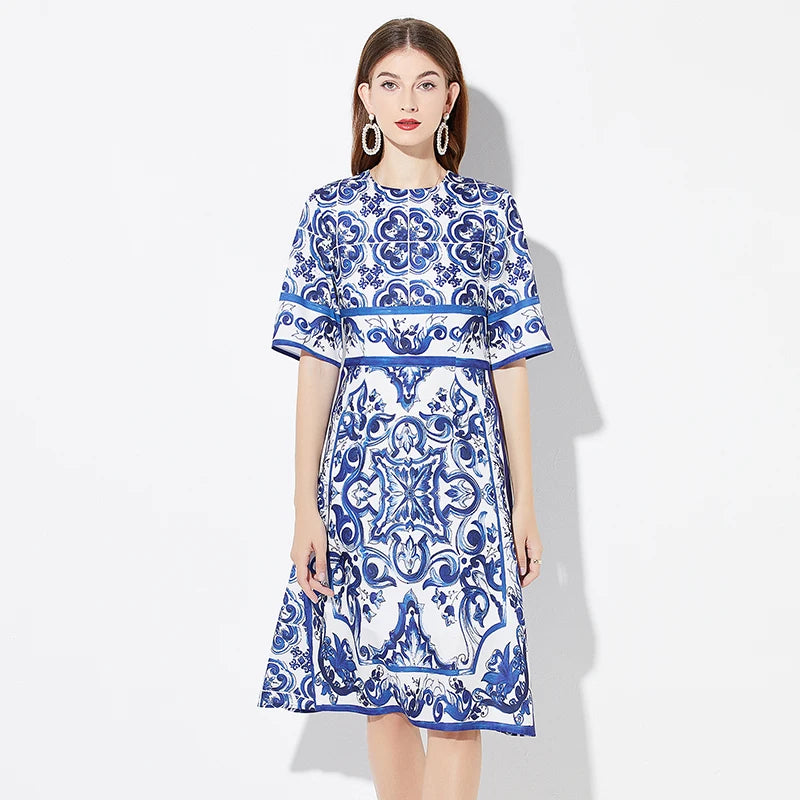 High Quality Elegant Retro Majolica Porcelain Print Runway Dress