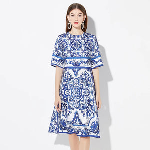 High Quality Elegant Retro Majolica Porcelain Print Runway Dress