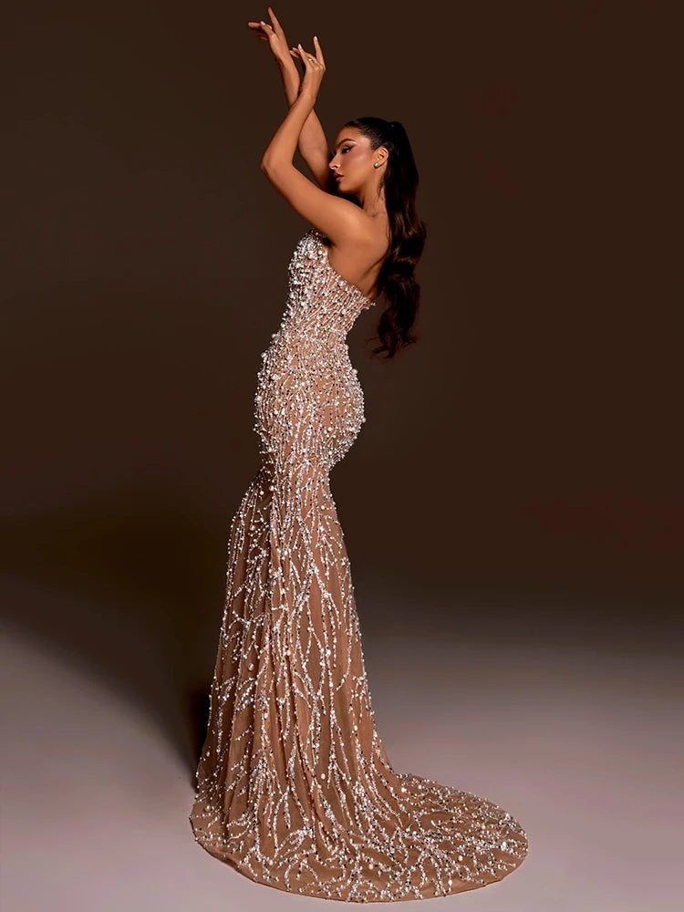 Chic Nude Deep-V Neck Sequin Mermaid Dress