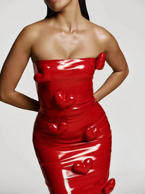 Red 3d Love Patent Leather Midi Dress