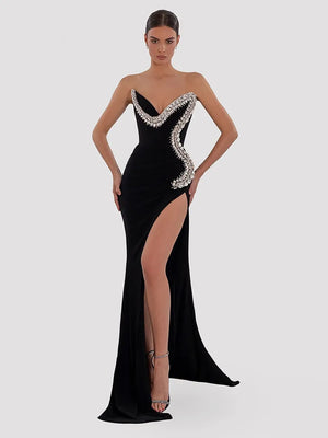 Strapless Backless Crystal Velvet Black  Bodycon Gowns