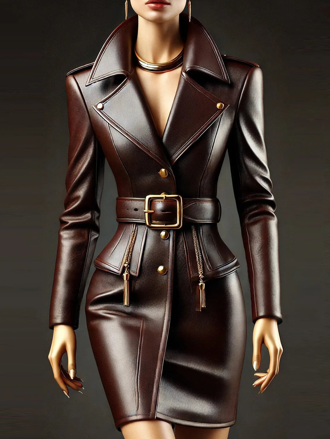 PU Leather Lapel Mini Dress
